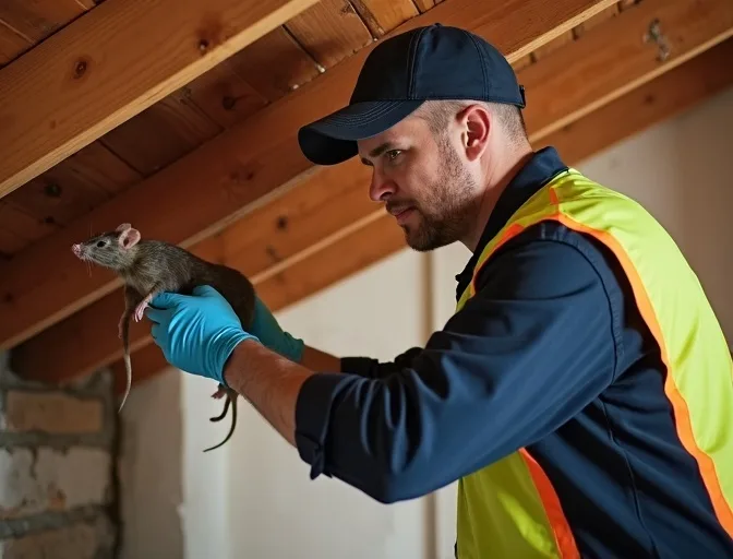 Technician inspecting a roof cavity for a dead rat in Strathewen